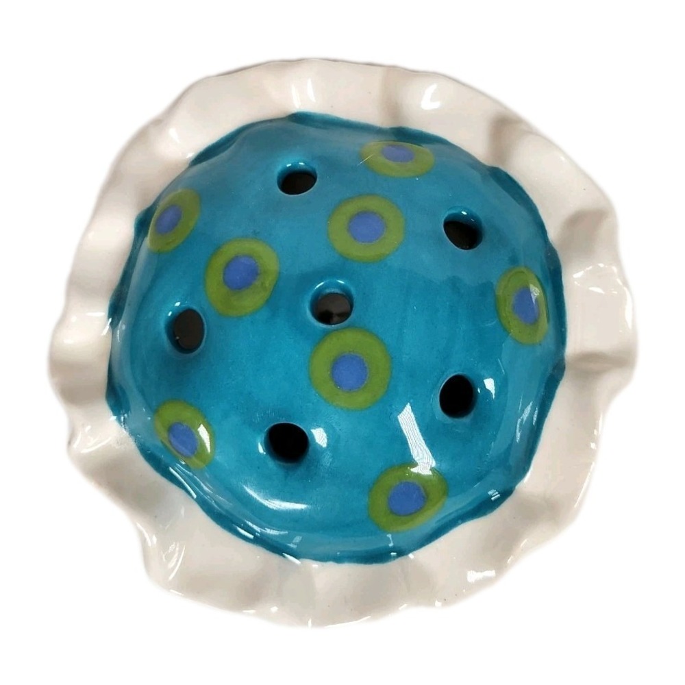 Handmade Ceramic Flower Frog Holder Vase Spring Whimsical Cottagecore Signed